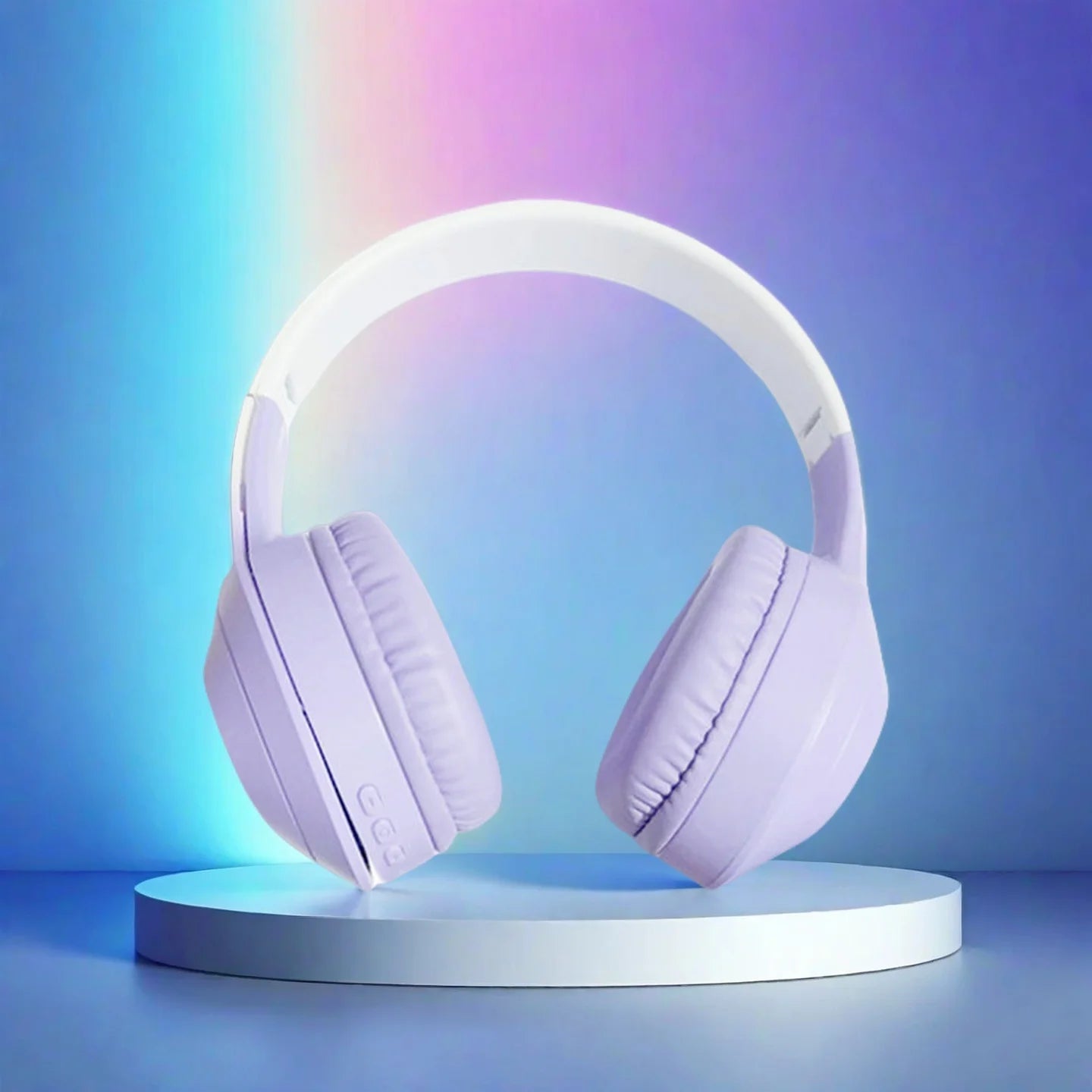 Oldway wireless headset in lavender color, featuring active noise cancellation and stylish design on a podium.