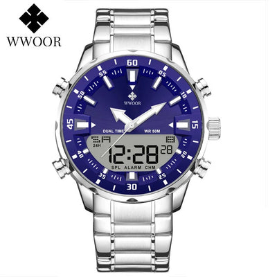 WWOOR New Top Luxury Original Sports Wrist Watch For Men Quartz Steel Waterproof Dual Display Military Watches Relogio Masculino