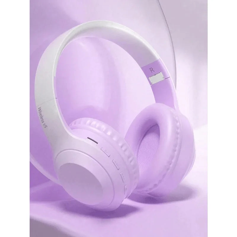 Oldway wireless headset in lavender color, featuring active noise cancellation and stylish design on a podium.