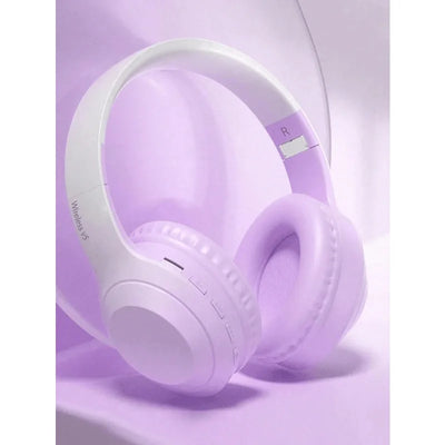 Oldway wireless headset in lavender color, featuring active noise cancellation and stylish design on a podium.
