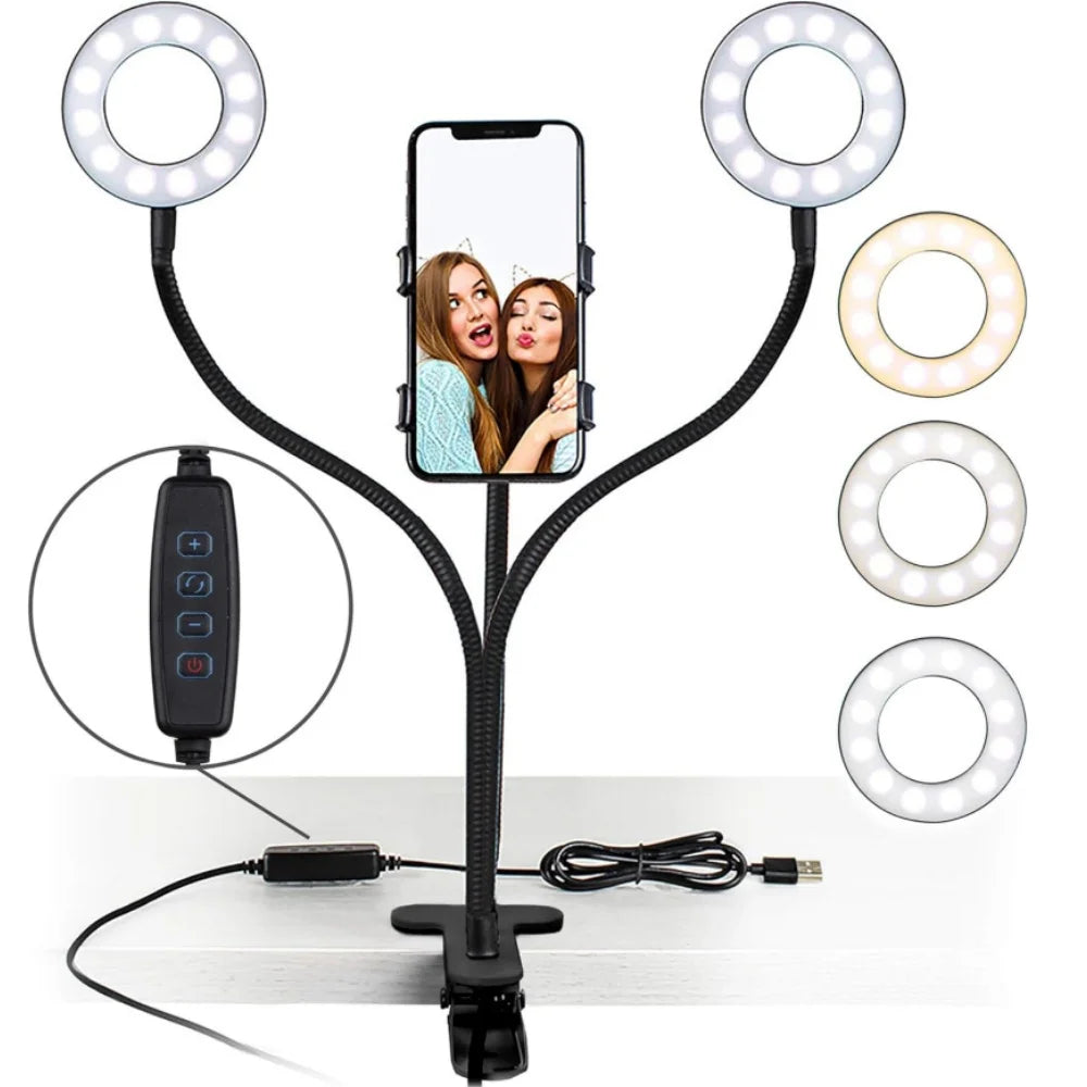 LED Ring Light Clip-On USB Fill-in Lamp Dual Lights 3 Lighting Modes Dimmable Flexible Arms Design with Phone Holder for Live