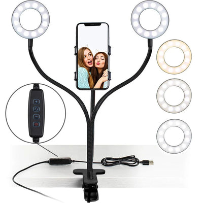 LED Ring Light Clip-On USB Fill-in Lamp Dual Lights 3 Lighting Modes Dimmable Flexible Arms Design with Phone Holder for Live