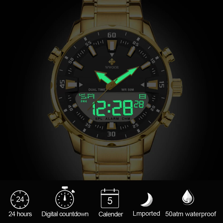 WWOOR New Top Luxury Original Sports Wrist Watch For Men Quartz Steel Waterproof Dual Display Military Watches Relogio Masculino
