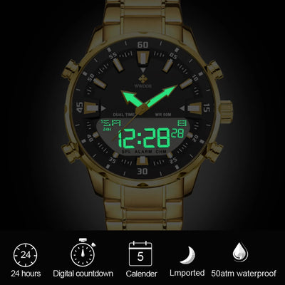 WWOOR New Top Luxury Original Sports Wrist Watch For Men Quartz Steel Waterproof Dual Display Military Watches Relogio Masculino