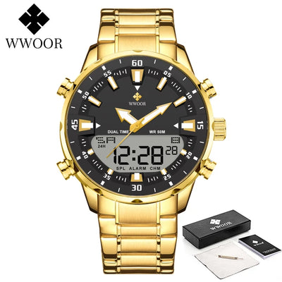WWOOR New Top Luxury Original Sports Wrist Watch For Men Quartz Steel Waterproof Dual Display Military Watches Relogio Masculino