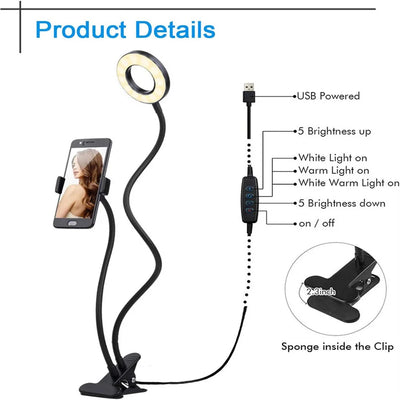 LED Ring Light Clip-On USB Fill-in Lamp Dual Lights 3 Lighting Modes Dimmable Flexible Arms Design with Phone Holder for Live