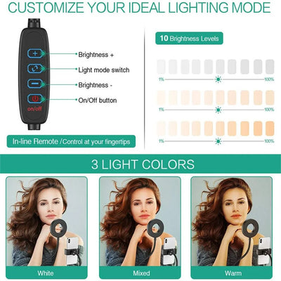 LED Ring Light Clip-On USB Fill-in Lamp Dual Lights 3 Lighting Modes Dimmable Flexible Arms Design with Phone Holder for Live