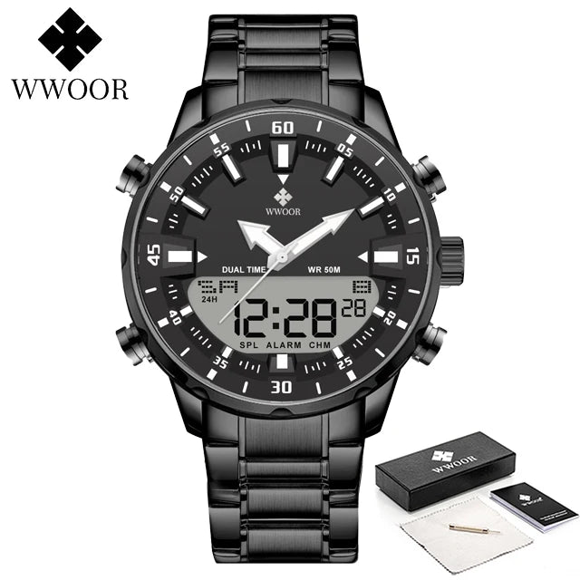 WWOOR New Top Luxury Original Sports Wrist Watch For Men Quartz Steel Waterproof Dual Display Military Watches Relogio Masculino