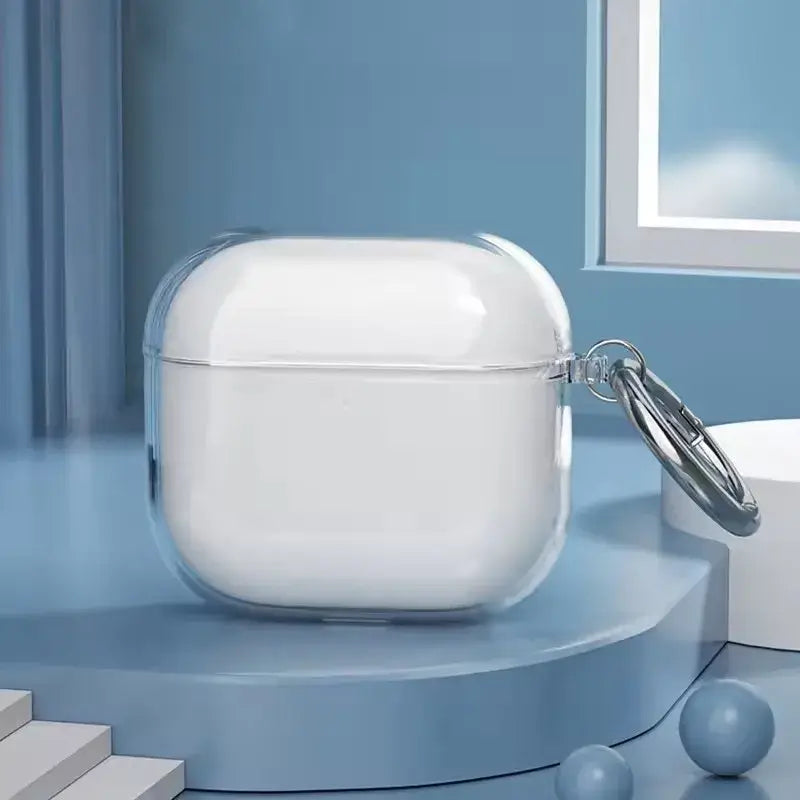 OLDWAY Transparent silicone case for AirPods with a keychain attachment on a blue background.