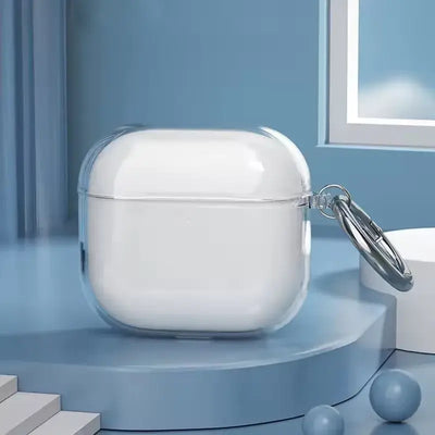 OLDWAY Transparent silicone case for AirPods with a keychain attachment on a blue background.