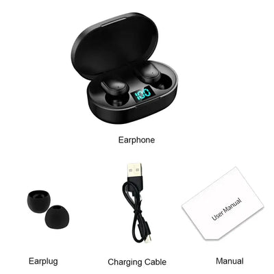 OLDWAY E6S TWS Bluetooth earphones with charging case, USB cable, and user manual.