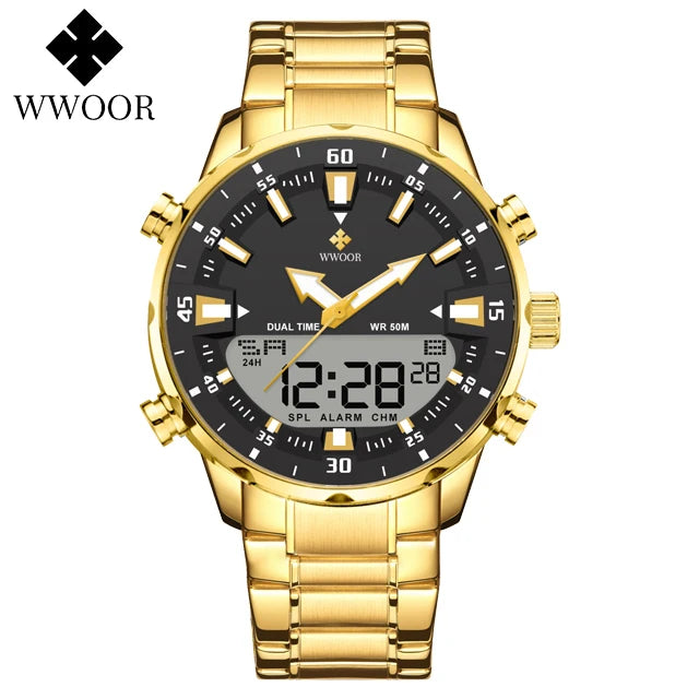 WWOOR New Top Luxury Original Sports Wrist Watch For Men Quartz Steel Waterproof Dual Display Military Watches Relogio Masculino