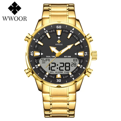 WWOOR New Top Luxury Original Sports Wrist Watch For Men Quartz Steel Waterproof Dual Display Military Watches Relogio Masculino
