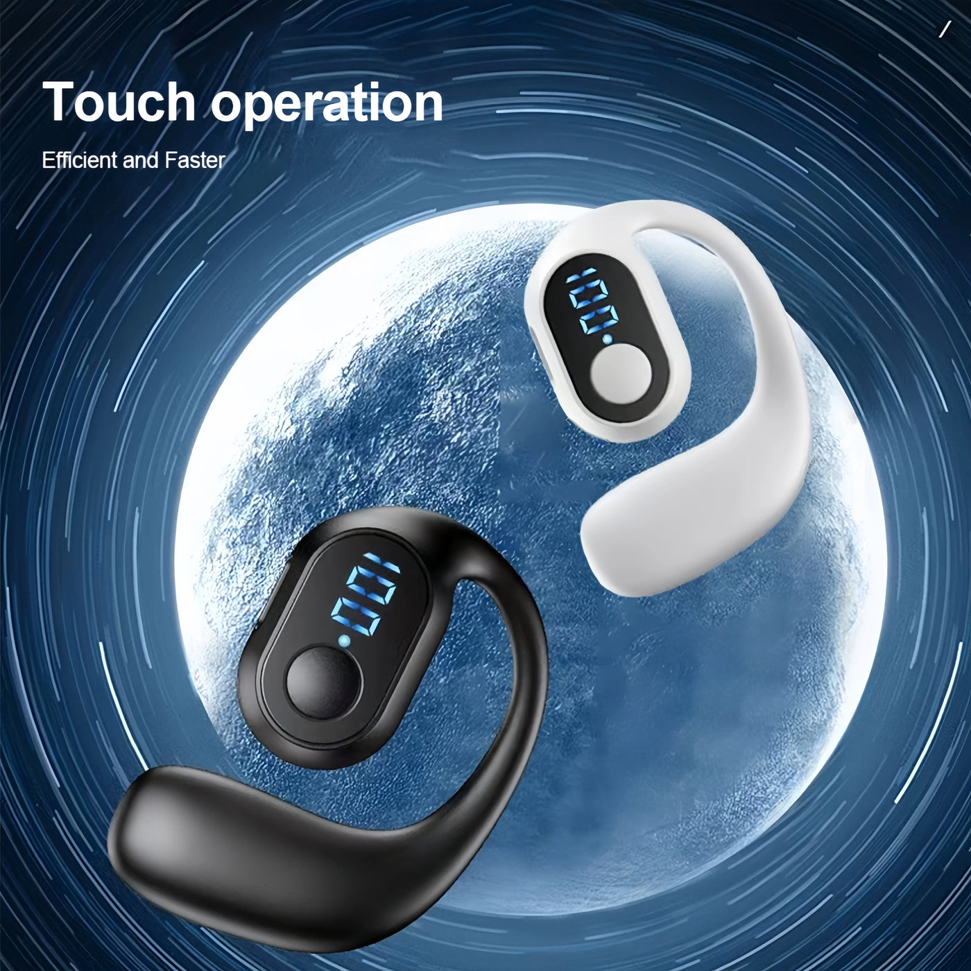 KEBIDUMEI Bluetooth 5.3 headphones in black and white with digital display, designed for comfort and style.
