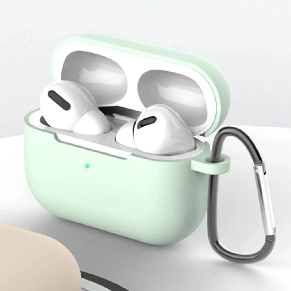 OLDWAY irpods pro wireless Bluetooth headset in a mint green charging case with carabiner attached.