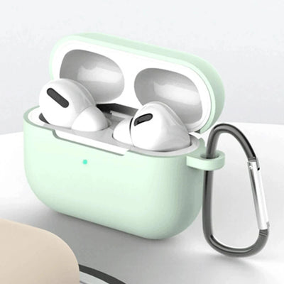 OLDWAY irpods pro wireless Bluetooth headset in a mint green charging case with carabiner attached.