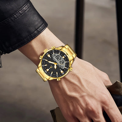 WWOOR New Top Luxury Original Sports Wrist Watch For Men Quartz Steel Waterproof Dual Display Military Watches Relogio Masculino