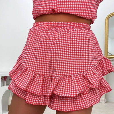Women's Aesthetic 2 Piece Clothes Outfits Sets Plaid Long Sleeve Button Down Shirts Tops Tiered Ruffle Skirted Shorts Loungewear