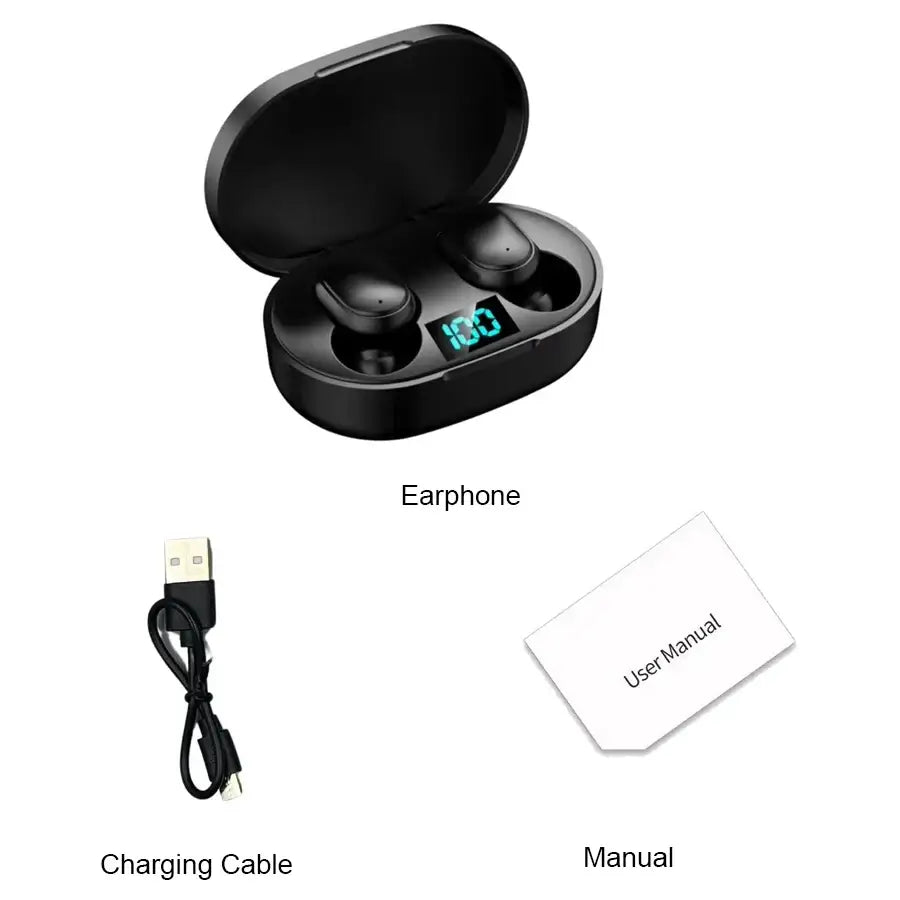 OLDWAY E6S TWS Bluetooth earphones with charging case, USB cable, and user manual.