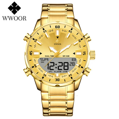 WWOOR New Top Luxury Original Sports Wrist Watch For Men Quartz Steel Waterproof Dual Display Military Watches Relogio Masculino
