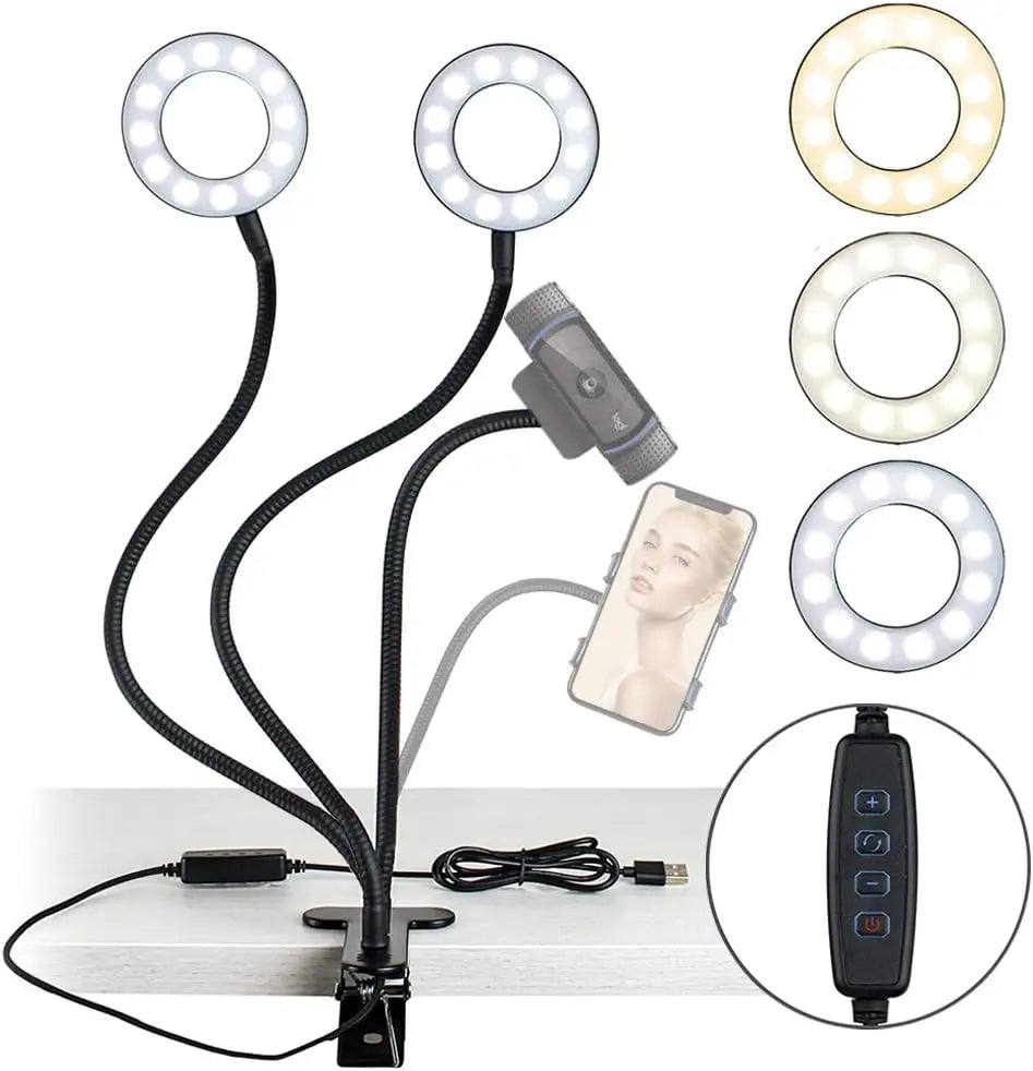 LED Ring Light Clip-On USB Fill-in Lamp Dual Lights 3 Lighting Modes Dimmable Flexible Arms Design with Phone Holder for Live