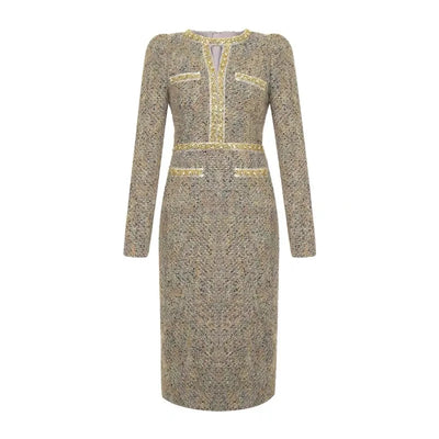 Women Clothes Vintage Luxury Tweed  Formal Dress Female Elegant Fashion Business Party Vestidos Hollow Diamond Professional Robe