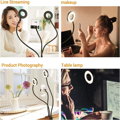LED Ring Light Clip-On USB Fill-in Lamp Dual Lights 3 Lighting Modes Dimmable Flexible Arms Design with Phone Holder for Live