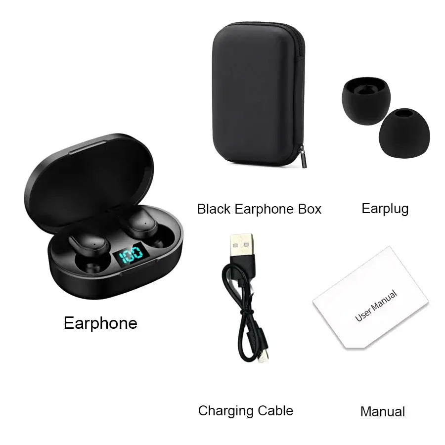 OLDWAY E6S TWS Bluetooth earphones with charging case, USB cable, and user manual.