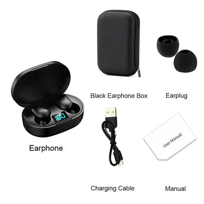 OLDWAY E6S TWS Bluetooth earphones with charging case, USB cable, and user manual.
