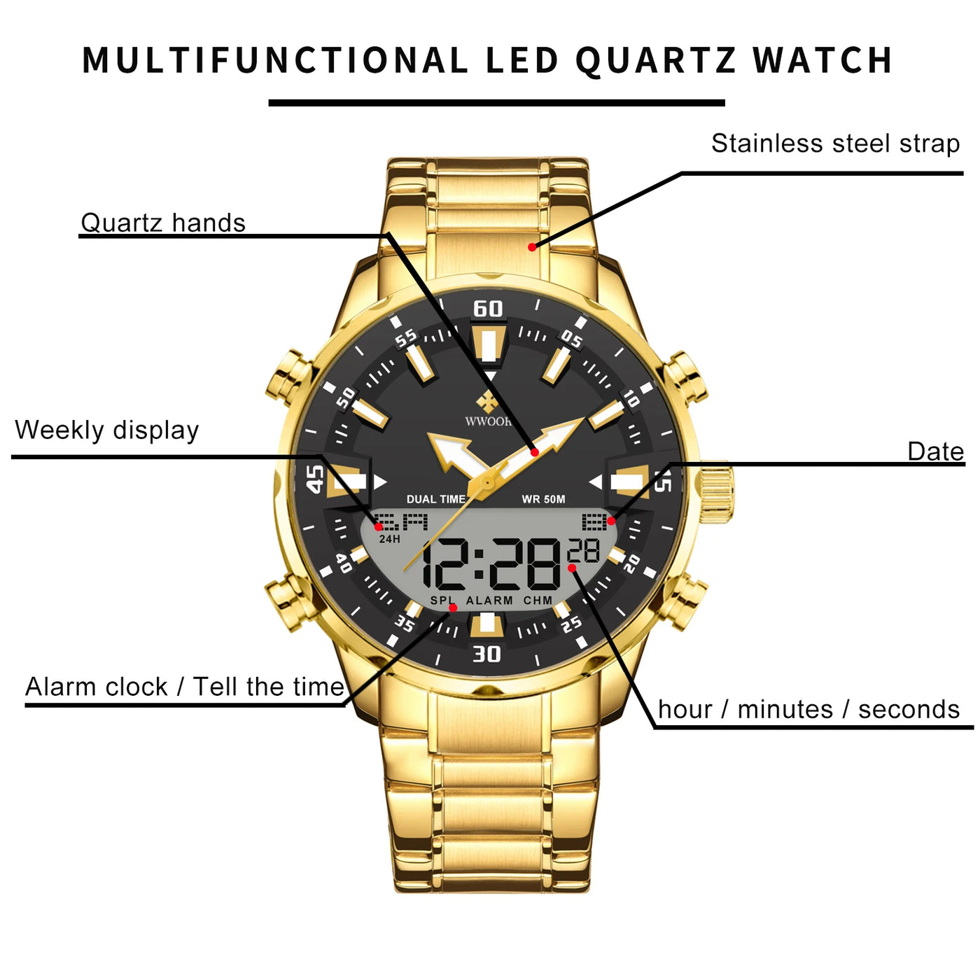 WWOOR New Top Luxury Original Sports Wrist Watch For Men Quartz Steel Waterproof Dual Display Military Watches Relogio Masculino