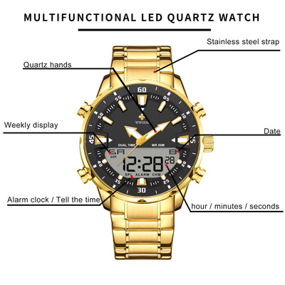 WWOOR New Top Luxury Original Sports Wrist Watch For Men Quartz Steel Waterproof Dual Display Military Watches Relogio Masculino