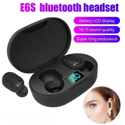 OLDWAY E6S Bluetooth headset with battery LCD display and HI-FI sound quality, showcasing compact design and wireless convenience.