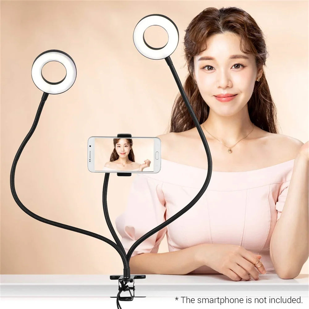 LED Ring Light Clip-On USB Fill-in Lamp Dual Lights 3 Lighting Modes Dimmable Flexible Arms Design with Phone Holder for Live