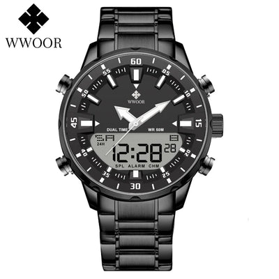 WWOOR New Top Luxury Original Sports Wrist Watch For Men Quartz Steel Waterproof Dual Display Military Watches Relogio Masculino
