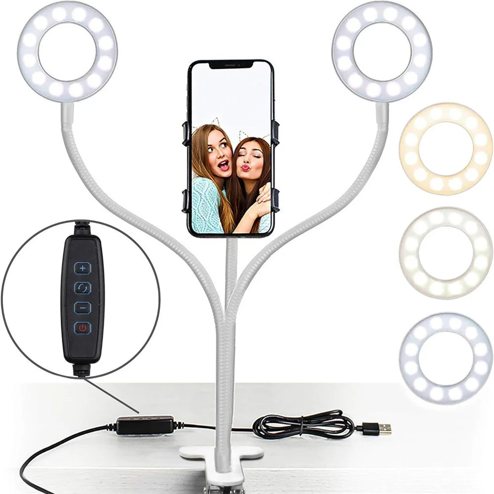 LED Ring Light Clip-On USB Fill-in Lamp Dual Lights 3 Lighting Modes Dimmable Flexible Arms Design with Phone Holder for Live