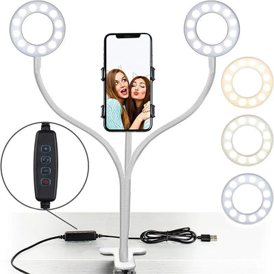 LED Ring Light Clip-On USB Fill-in Lamp Dual Lights 3 Lighting Modes Dimmable Flexible Arms Design with Phone Holder for Live